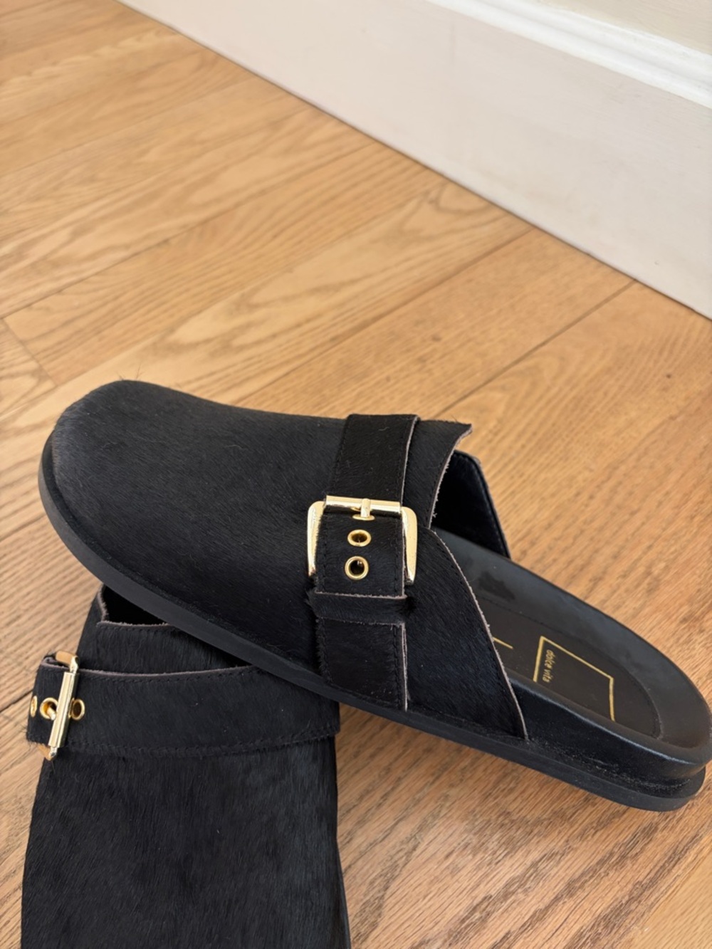 Brand new Dolce Vita Black Calfhair Slip-On Mules with Gold Buckles - Picture 6 of 9